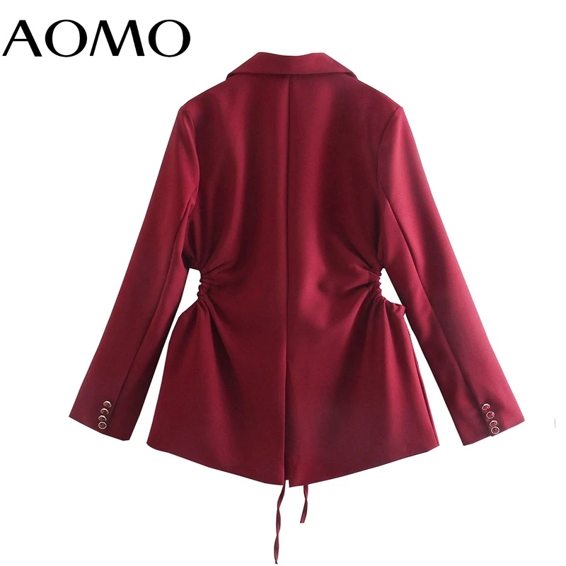 

AOMO Women Red Waist Hollow Blazer with Slash Female Long Sleeve Jacket Ladies Casual Suits QD92A