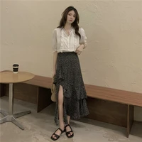 skirt temperament split floral skirt female summer new style korean style high waist slim casual long skirt