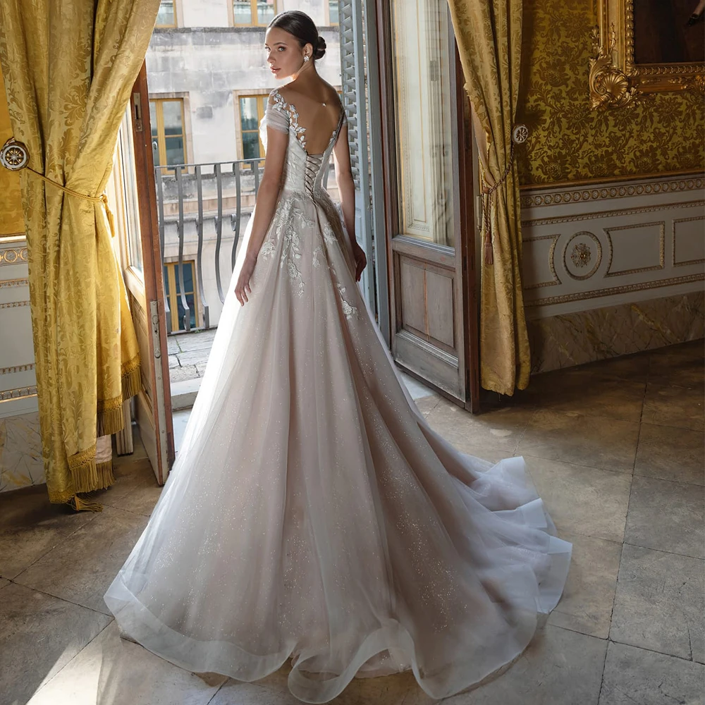 

Vestidos Charming Wedding Dresses Tulle Appliques Pleat V-Neck Off-Shoulder Lace Up Ball Bridal Gowns 2021