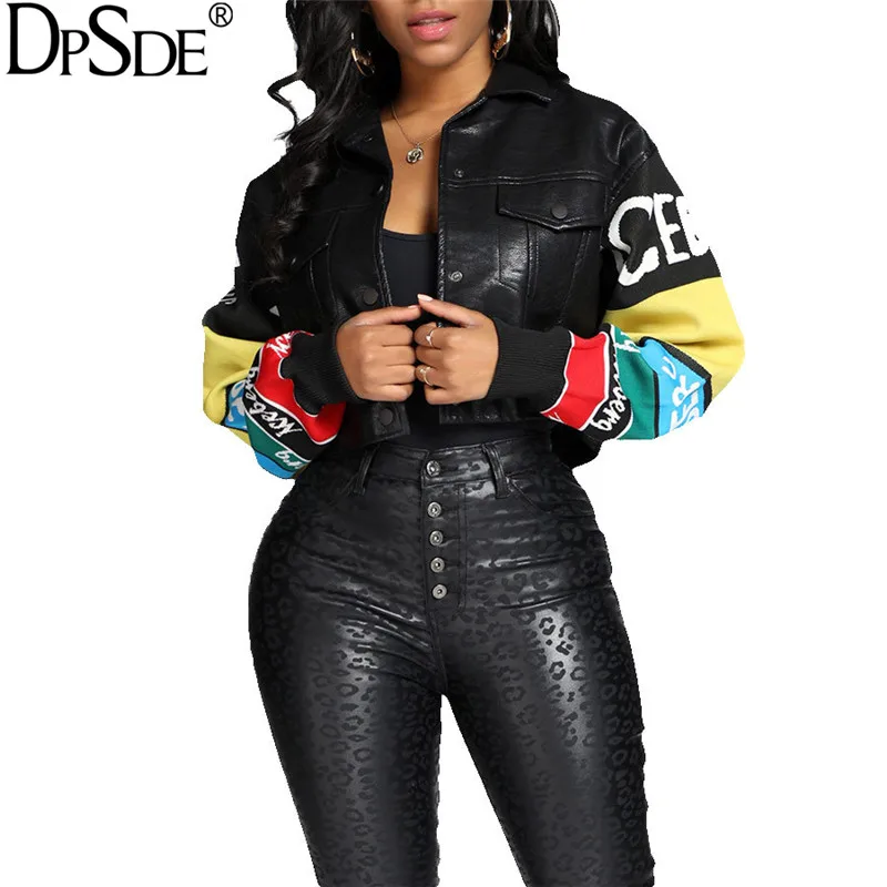 Женский облегающий кожаный топ DPSDE черная Повседневная мини-куртка на пуговицах