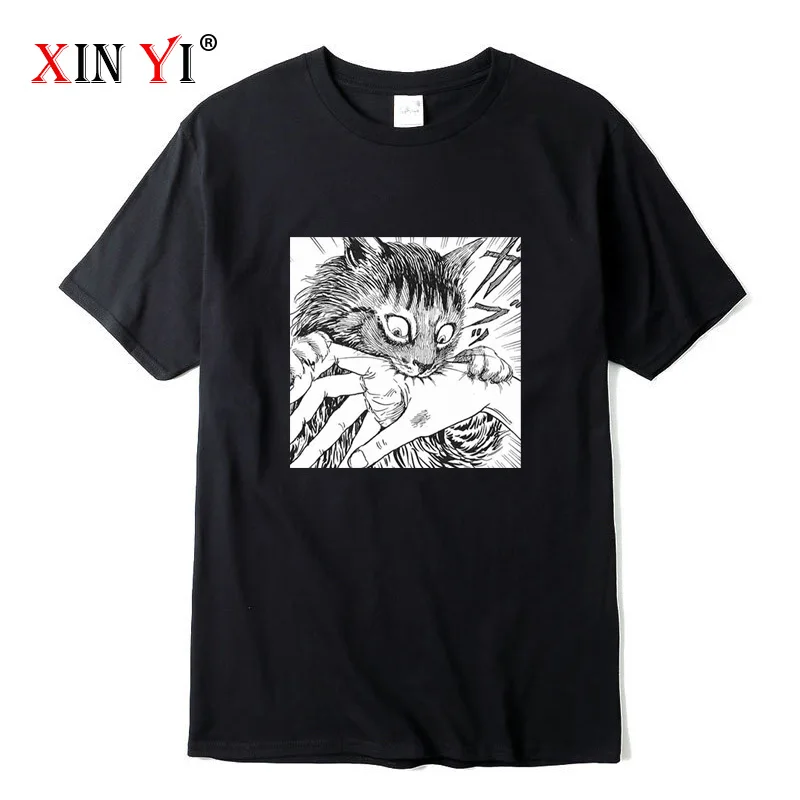 

XIN YI Men's High Quality 100% cotton Funny Crazy cat print t shirt loose o-neck men tshirt short sleeve t-shirt male tee tops