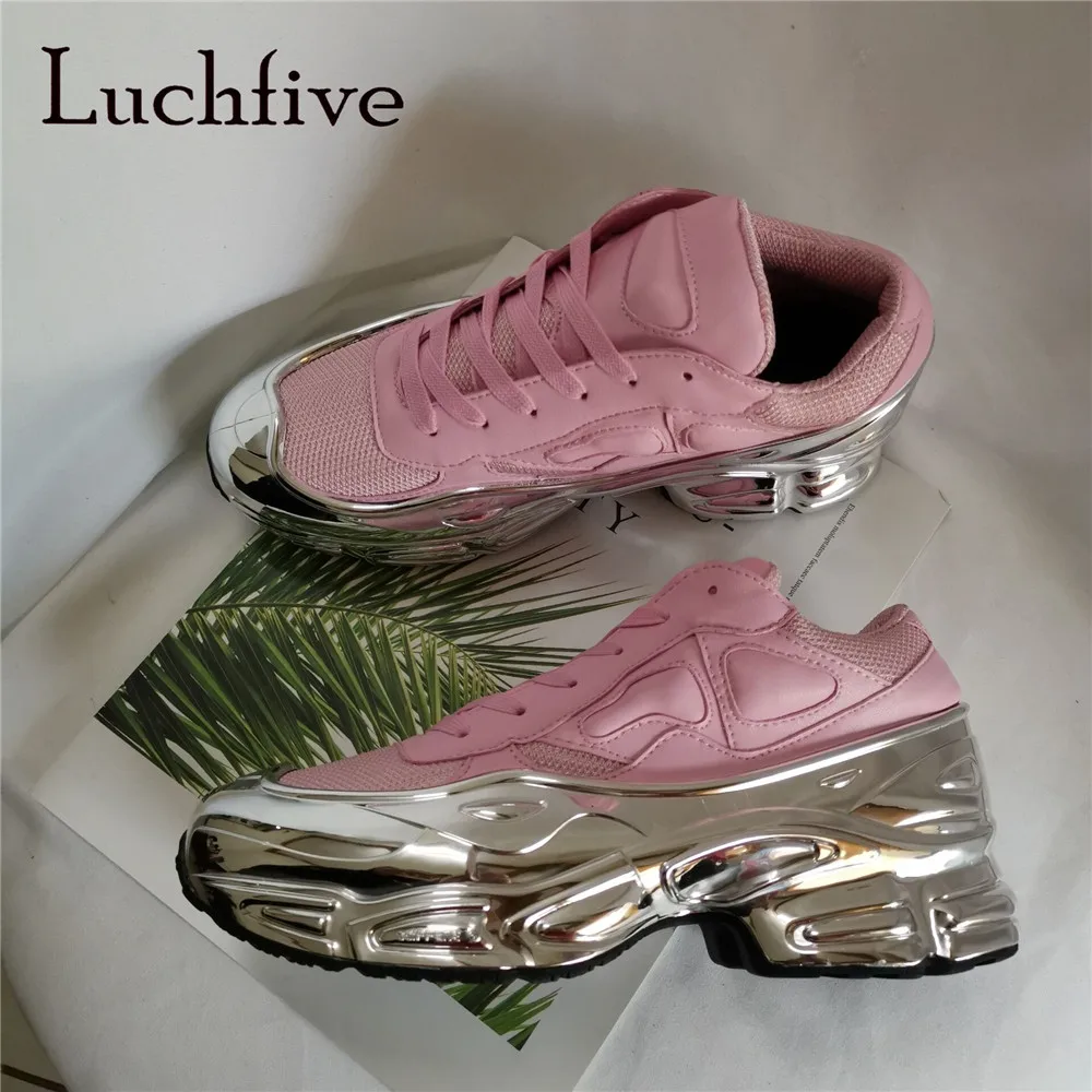 Модные Розовые Кожаные повседневные кроссовки женские Серебристые на шнуровке