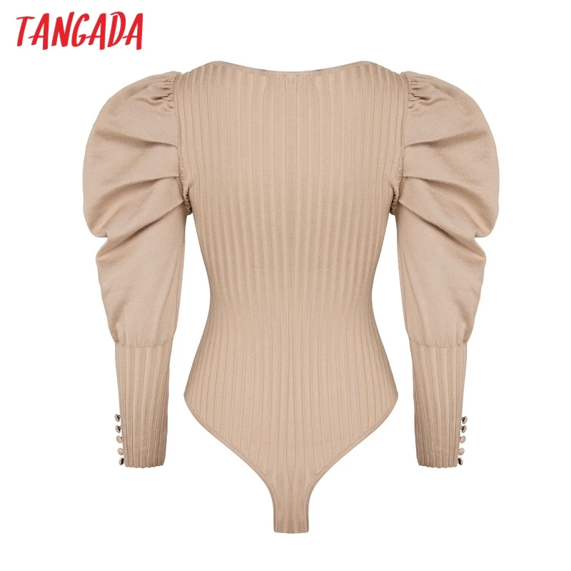 

Tangada Women Vintage Puff Long Sleeve Knit Bodysuit Big Strethy Overalls Ladies Sexy Chic Playsuits LK04