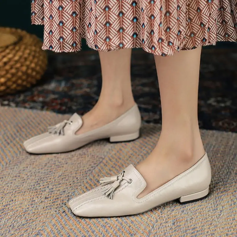 

Rizabina Real Leather Women Flats Shoes Fashion Tassel Square Toe Spring Shoes Woman Casual Office Lady Footwear Size 34-40