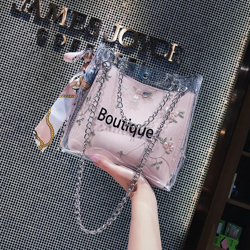

2020 Fashion Embroidery Flower Handbag Transparent Women Scarf Chains Shoulder Messenger Bag ins Fairy Jelly PVC Clear Beach Bag