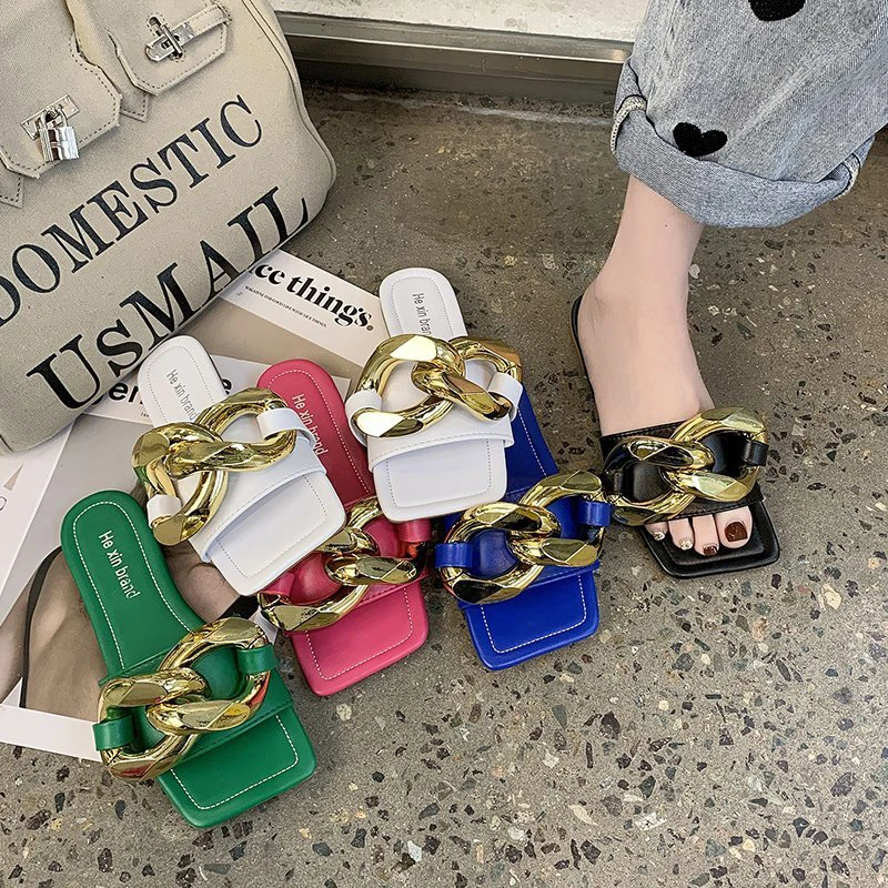 

Female Shoes Summer Clogs Woman Slippers Casual Rivet Slides Low 2021 Beach Luxury Flat Rubber PU Basic Metal Decoration