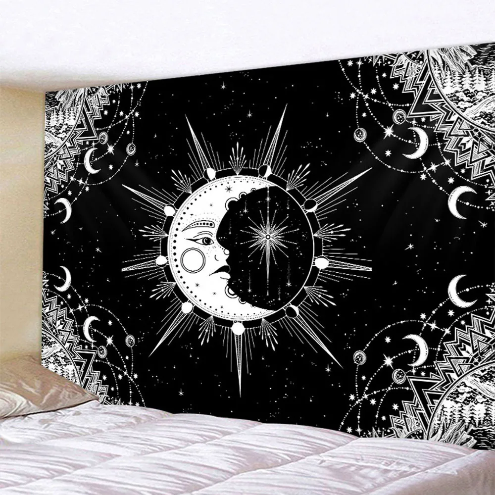 Black white mandala tarot card playa Tapestry Sun Moon Fabric Wall Hanging Blanket Living Room 230cm tapisserie bedroom Decor | Дом и сад