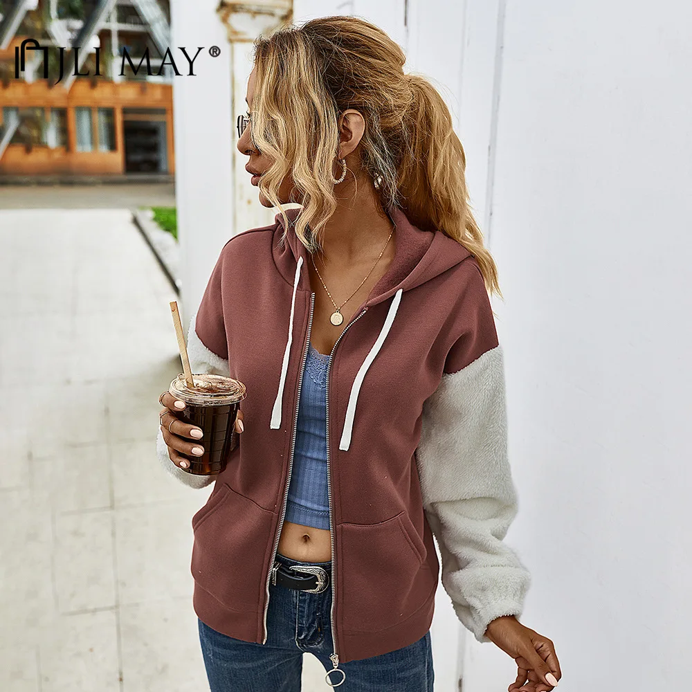 

JLI MAY Women Hoodies Woven Hooded Panelled Long Sleeve Autumn Winter Loose Casual Zipper Sweatshirt