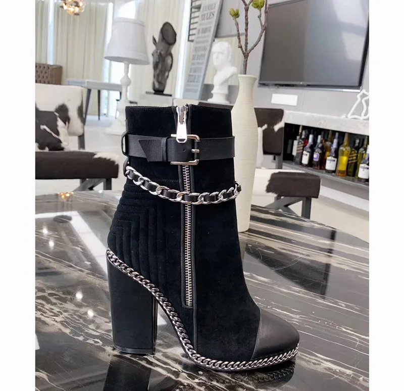 Женские замшевые ботильоны на высоком каблуке с цепочкой платформе 2019|Женские