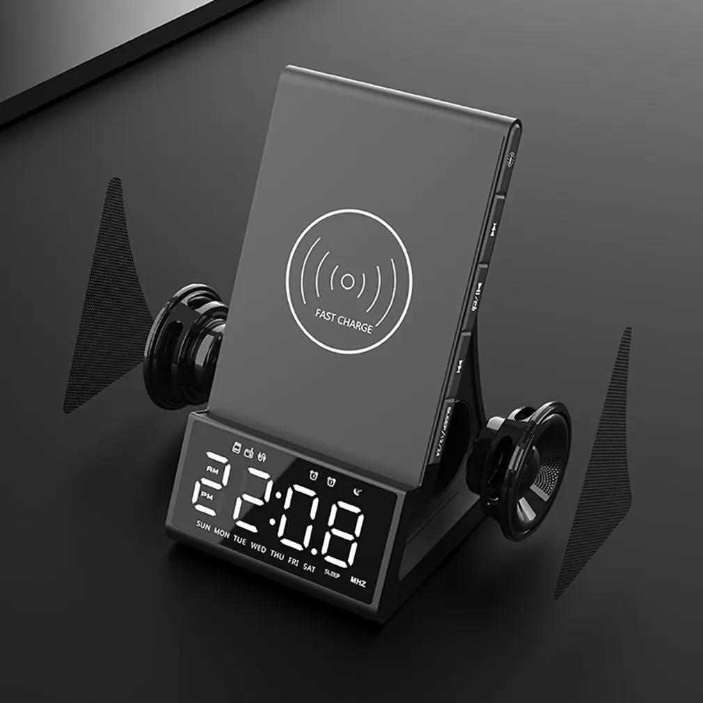 

Wireless Charging Bluetooth Speaker Mobile Phone Stand Remote Control Wireless Charger LED Alarm Clock FM Radio USB Fast Charger