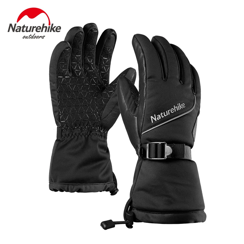 Naturehike Для женщин Для мужчин теплые Водонепроницаемый зимние 3M Thinsulate Подкладка для сноуборда перчатки на холодную погоду, Winterproof козлиная кожа зимние лыжные перчатки - Цвет: Черный