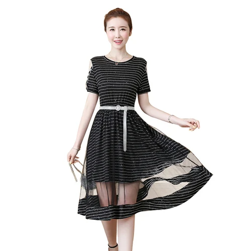 Женское винтажное платье с открытыми плечами Сетчатое составного кроя в полоску