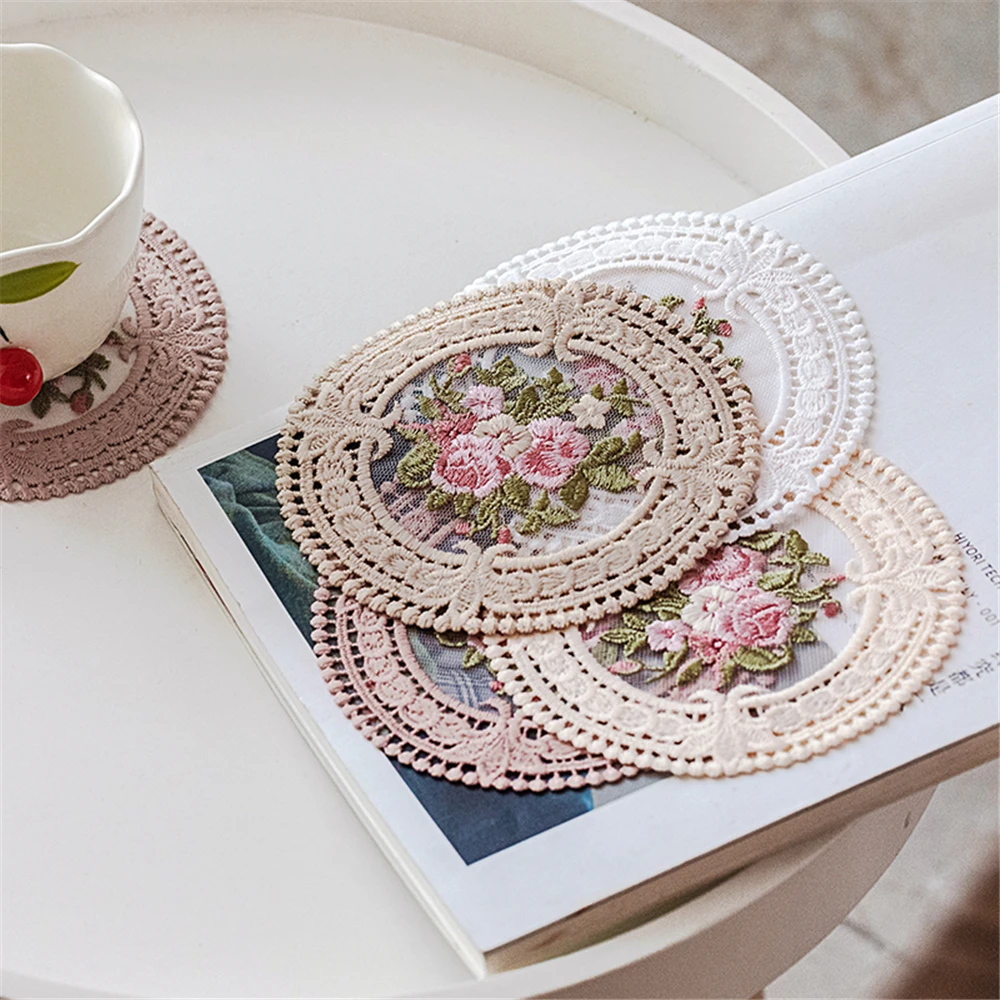 

12cm French Vintage Lace Coaster Embroidered Tablecloth Retro Props Napkin Heat Insulation Cup Pad Kitchen Coffee Tea Mat