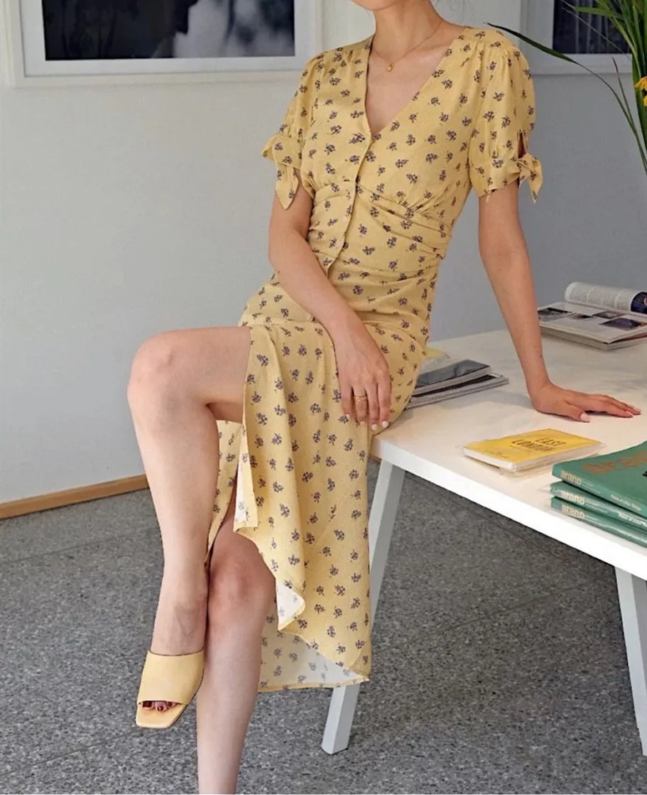 2020 женское платье миди с цветочным принтом однобортное желтое v-образным вырезом