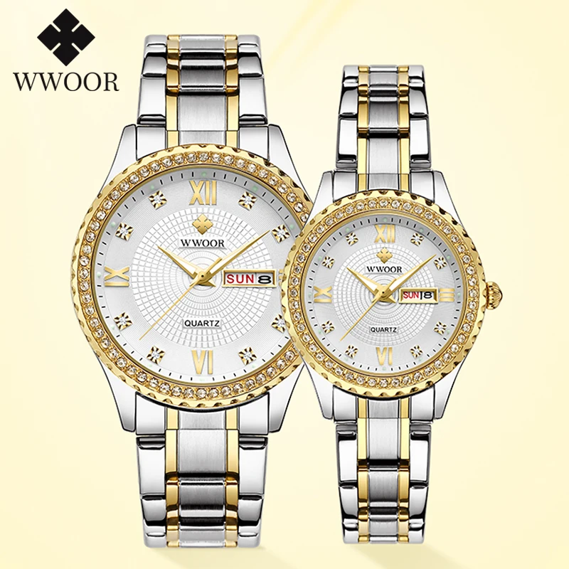 WWOOR 2022 Couple Watches Men and Women Luxury Brand Fashion Diamond Stainless Steel Quartz Pair Lovers Watch Gifts For Birthday