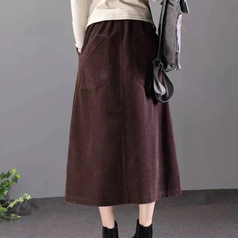 Lucyever Women Corduroy Long Skirt Autumn Winter Vintage Loose A-line Female High Waist Plus Size Thick Warm Ladies Faldas