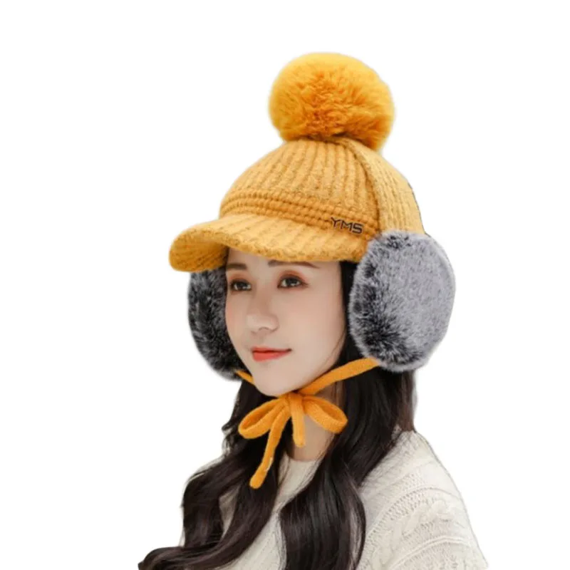 

New Winter Earflap Beanie Hat For Women Spring Cotton Knitted Baseball Cap With Pompon Brand Visor Caps Ladies Skullies Beanies