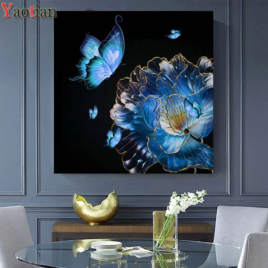 

Алмазная живопись Стразы 5D с голубыми бабочками, цветами, абстрактная живопись, алмазная вышивка «сделай сам», вышивка крестиком, Алмазная ...