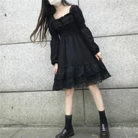 japanese women victorian gothic square collar lace ruffles black lolita dress autumn girls punk style long sleeve mini dresses
