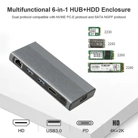 USB-концентратор usb-c 3,1 на M.2 NVME NGFF HD, 4K, 1000 Мбит/с, LAN 10 Гбит/с