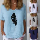 Футболка женская из хлопка и льна, с V-образным вырезом и принтом в виде перьев, с коротким рукавом, 2021