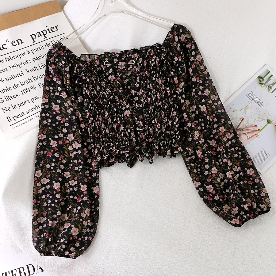 Женская шифоновая блузка с цветочным принтом винтажная плиссированная короткая