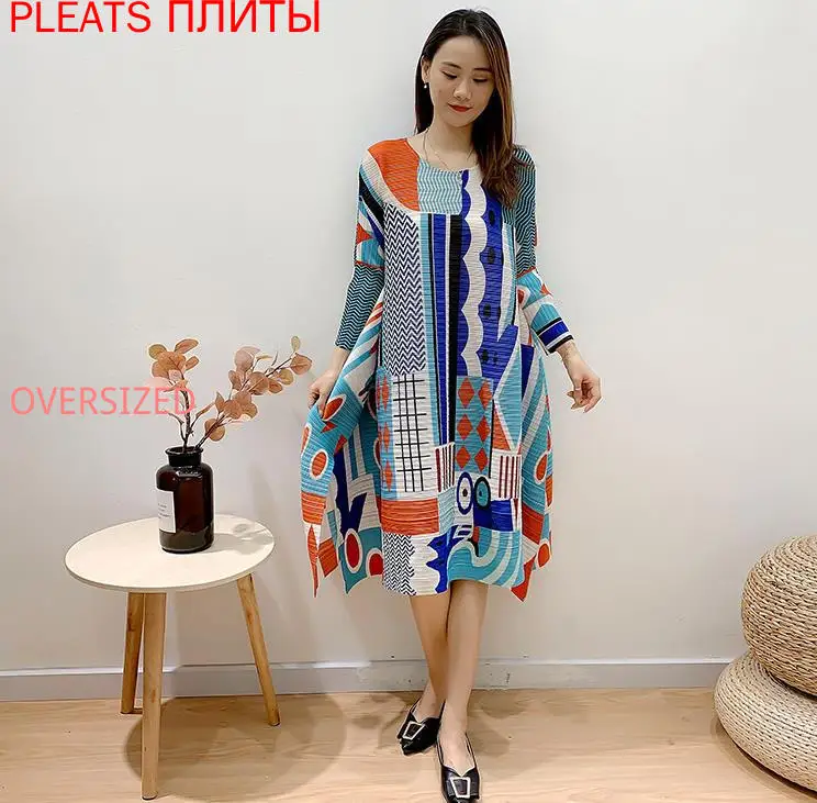 

Miyake Pleated Striped Printed Dress Women's Autumn New Large Size Loose Temperament Slimming Bottom Dress Pleats Vestido