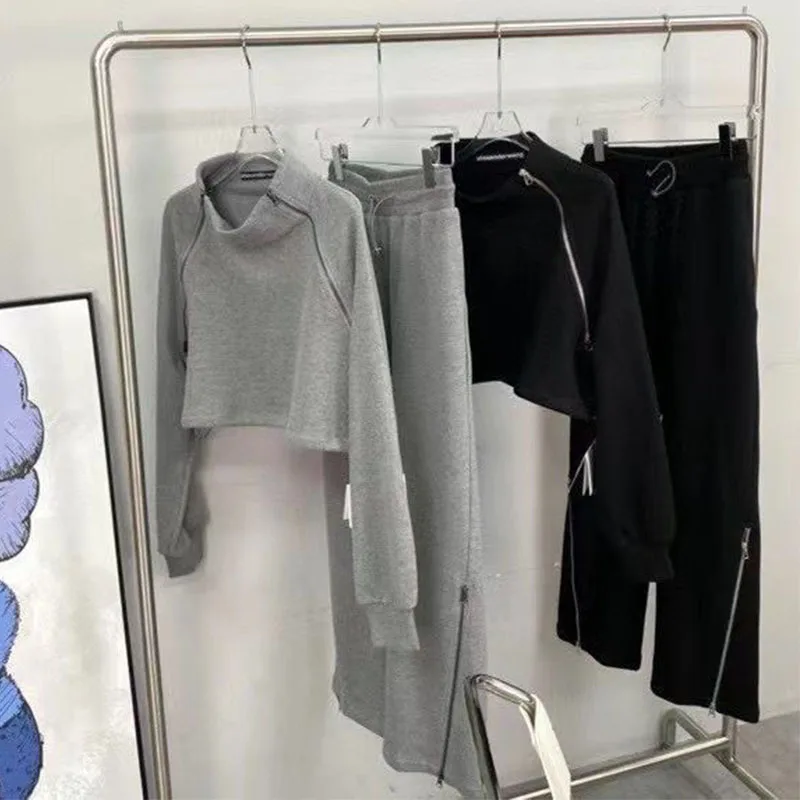 

Женский Повседневный костюм из двух предметов, однотонный короткий топ и длинные свободные брюки, спортивные комплекты на молнии, осень 2021