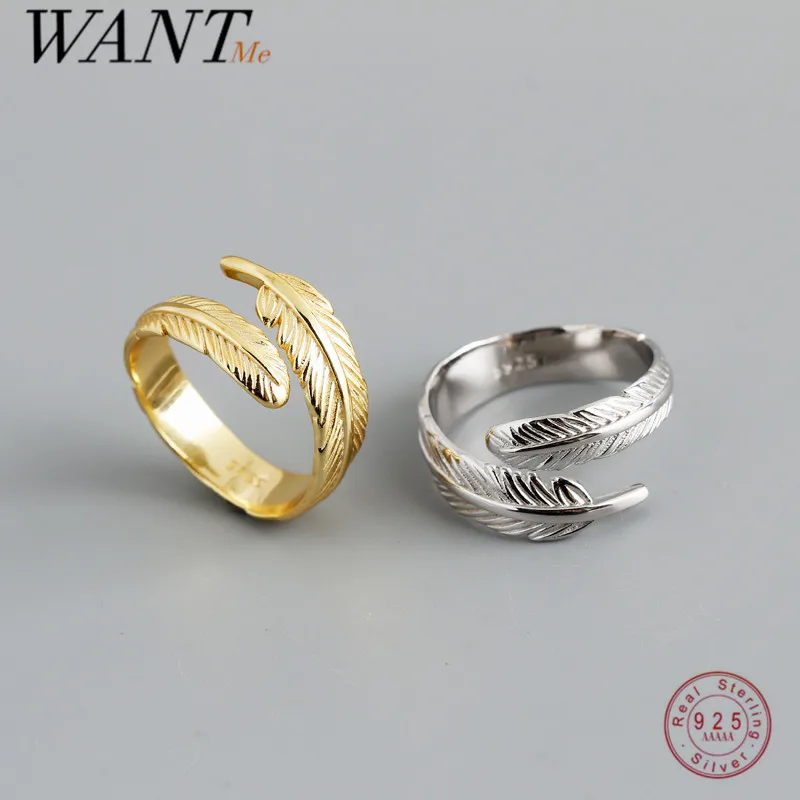 WANTME anello regolabile in argento moda piuma anello aperto Punk in argento Sterling 925 per donna accessori per gioielli da uomo gotici raffinati