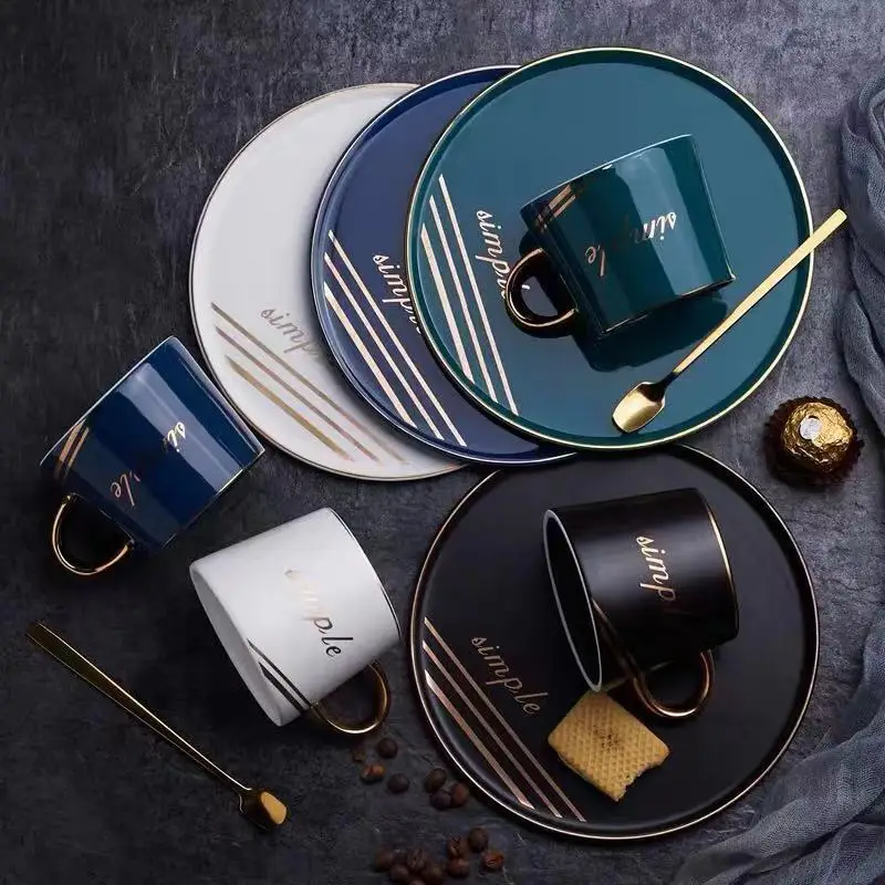 

Ceramic cup set business coffee cup dish color glaze Nordic style afternoon tea cup with gold handle mugs coffee cups