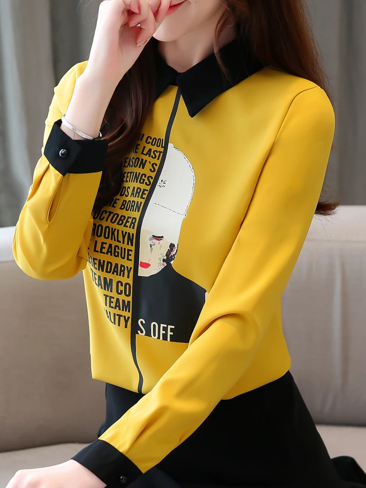 

Female Vintage Long Sleeve OL Print Chiffon Blouse Tops Shirt For Women Yellow Blue White Blusas Mujer Blouses New 2020 Spring