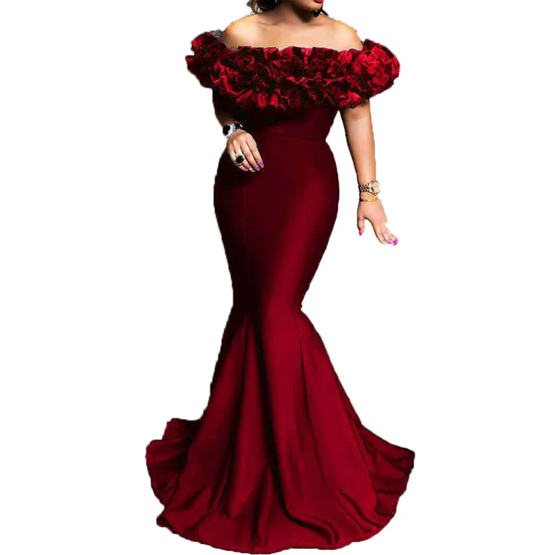 

2021 Summer Sexy Party Women Bodycon Dress Elegant Ruffled Shoulder Robe Fashion Elastic Women's Mermaid Dresses Vestidos