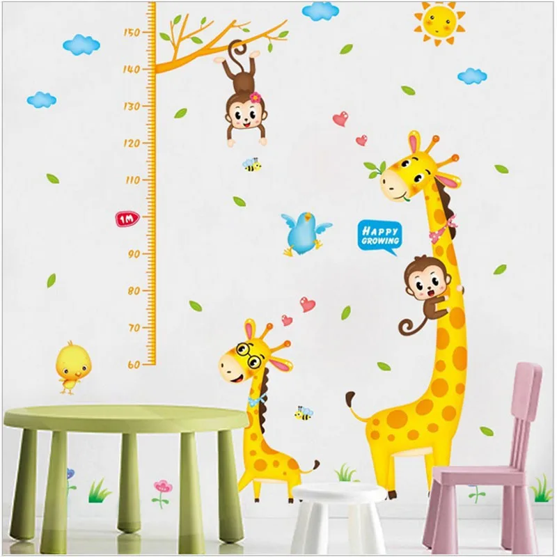 

3D Giraffe Monkey Height Stickers Kids Room Nursery Entrance Decoration Children Growth Chart Wall Sticker Animal Mural Decals