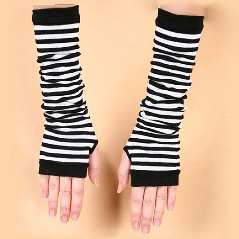 

Women Girls Knitted Fingerless Long Gloves Stripes Printed Over Elbow Length Winter Stretchy Arm Warmer Sleeves with Thumb Hole