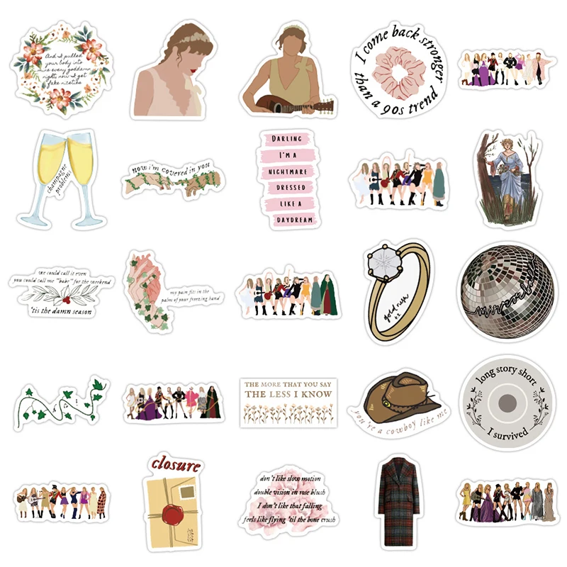 Taylor-Paquete de pegatinas para &Aacute;lbum de canciones folcl&oacute;ricas, 10/50 unidades, para port&aacute;til, planificador, tel&eacute;fono, cuaderno, equipaje, diario de recortes, diario de balas, juguete para seguidores-4