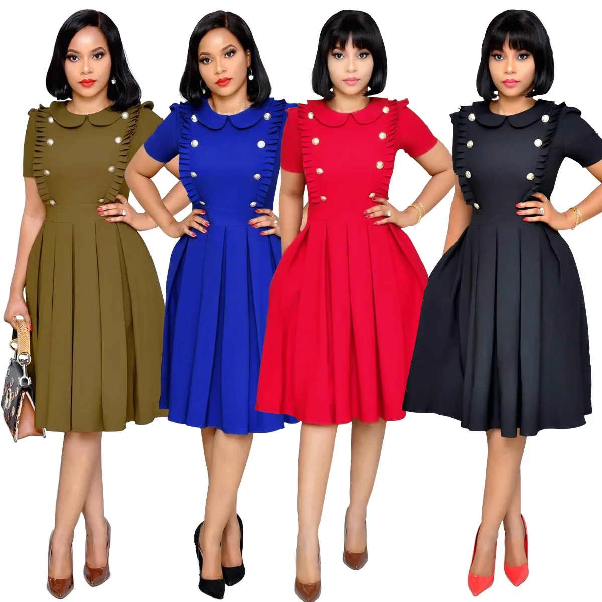 

Summer Women Fashion Skirt Lotus Leaf Collar Pleated OL Wind Short Sleeved Dress Pleated Dress Ruffle Mini Party Dress Vestido