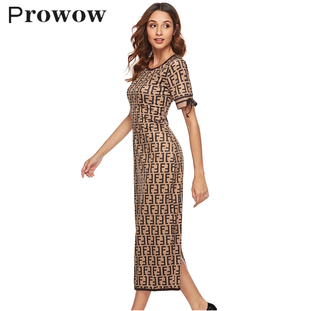 Prowow тонкий печати длинное платье Сезон весна осень Рубашка с короткими рукавами