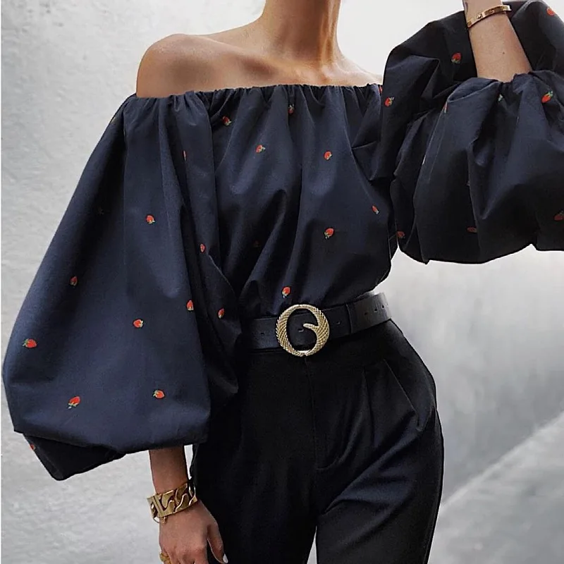 

Spring New Shirt Black Strawberry Printed Top Loose Version Temperament Long Sleeve Off Shoulder Lantern Sleeve Patchwork Shirt