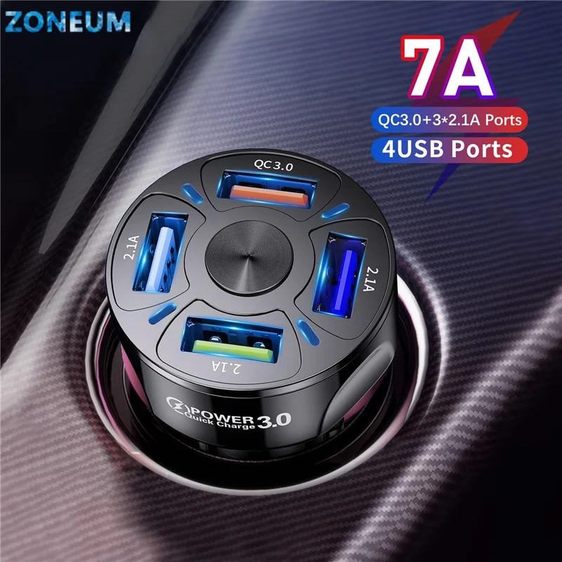 ZONEUM 4 порта USB автомобильная зарядка 48 Вт Быстрая зарядка 7A мини Быстрая зарядка для iPhone 11 Xiaomi Huawei Быстрая Зарядка адаптер в автомобиле