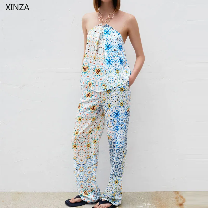 

2021 Za Women Summer Patchwork Print High Waist Pants Vintage Elastic Waist Wide Leg Pants Front Pockets Woman Loose Trouser