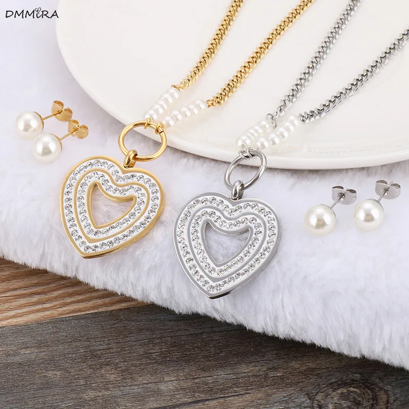 Новые модные серьги с кристаллами в форме сердца жемчужное ожерелье для женщин и