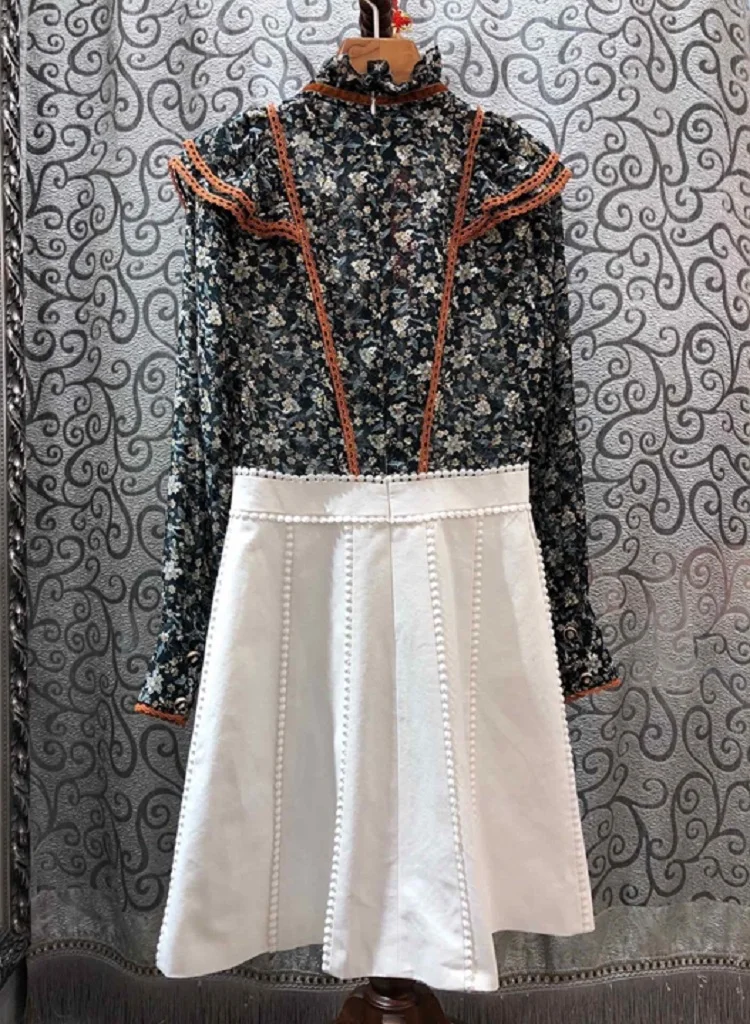 

One Piece Dress 2020 Spring Style Women Vintage Floral Print Patchwork Long Sleeve Knee-Length A-Line Casual Sundress Ladies