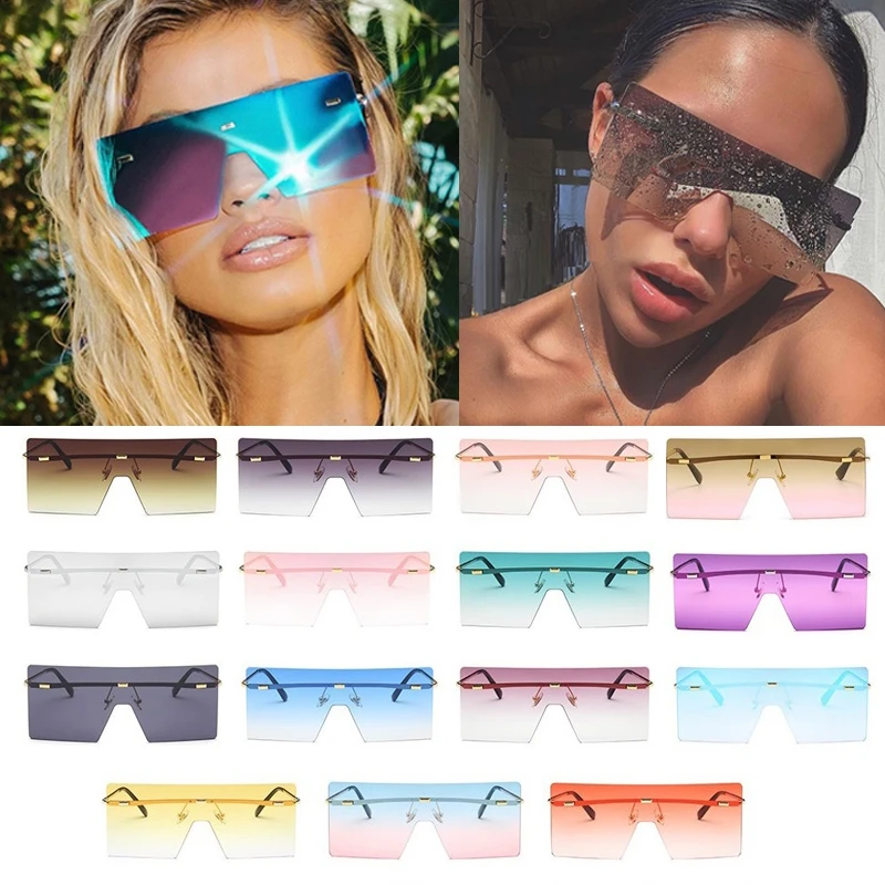 

Оптовая продажа 15 смешанных цветов без оправы цельные солнцезащитные очки для женщин винтажные большие плоские Солнцезащитные очки женски...