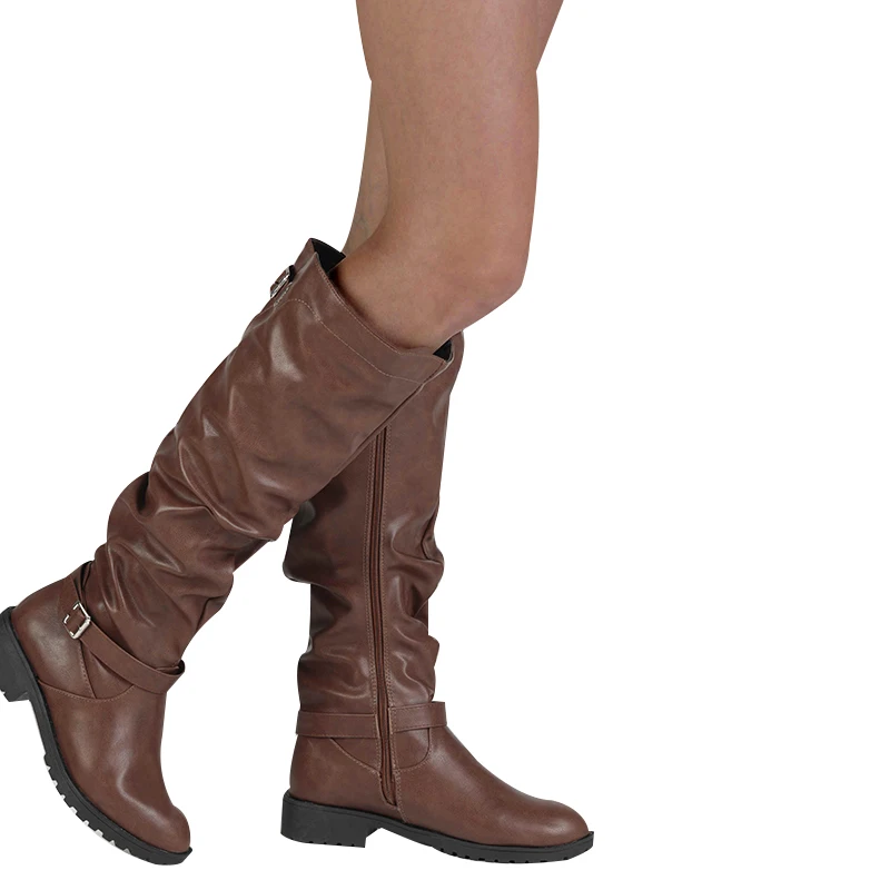 Женские Кожаные ботфорты на молнии готические до середины икры низком каблуке