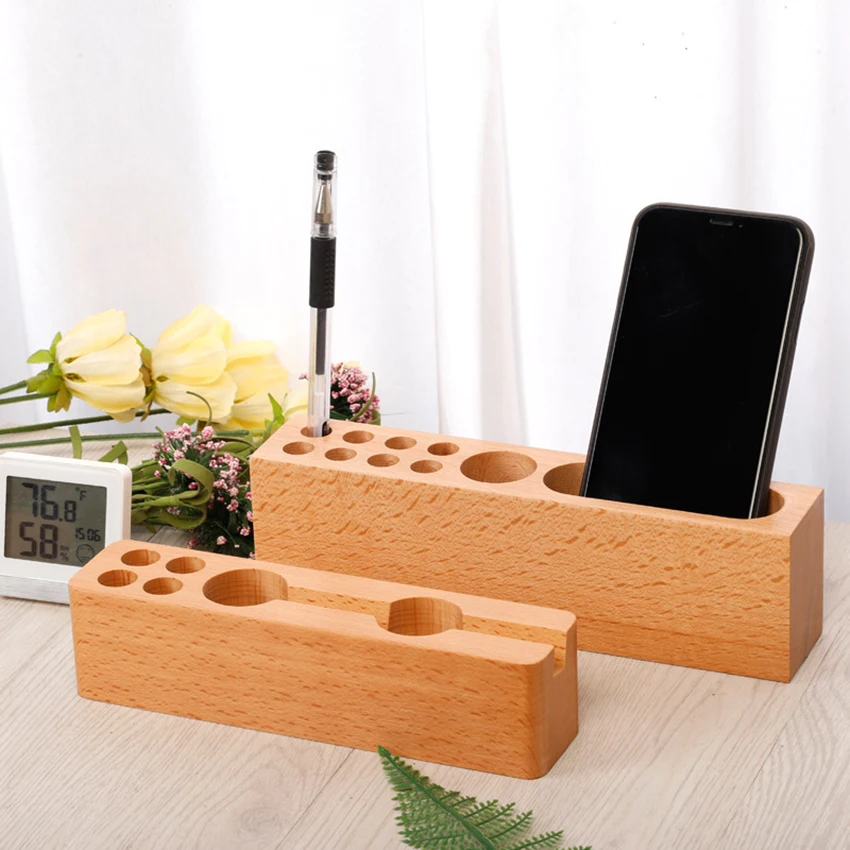 

Wood Beech Divided Desktop Organizer, Pen Pencil Holder, Remote Control Holder, Cell Phone Stand for Office Home Accessories