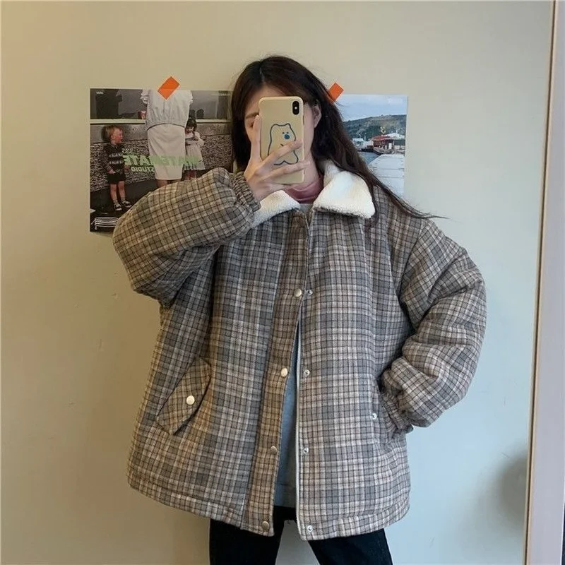 

Short Style Parkas Women Plaid Sweet Vintage Ins Hot Sale Loose Winter Clothes Fashion Korean Style All-match Chic Plus Velvet