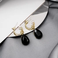 oe 925 silver needle new black gemstone earrings long tassel girl stud earrings