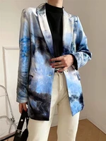 2021 tie dye velvet mid length blazer suit women fashion print single button blazer coats casual loose commute formal clothing