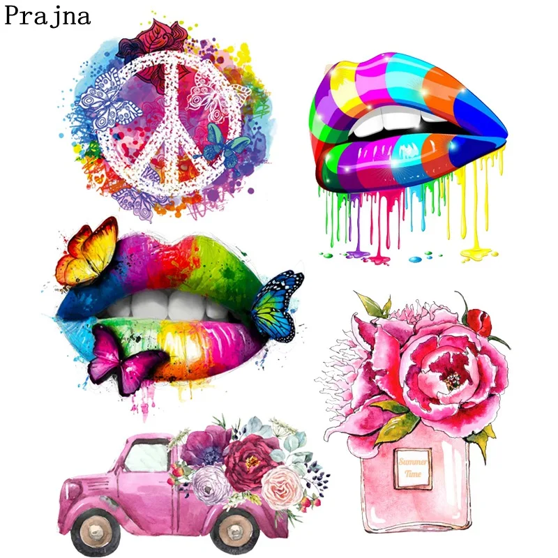 

Prajna Colorful Lips Butterfly Flower Heat Transfer Unicorn Cartoon Iron On Patch Vinyl Thermal Heat Transfers Stripe Sticker