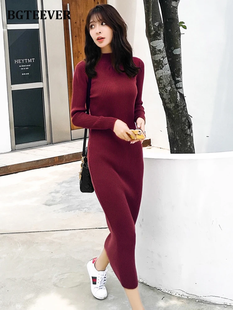 Зимнее платье свитер BGTEEVER с высоким воротником женское длинным рукавом